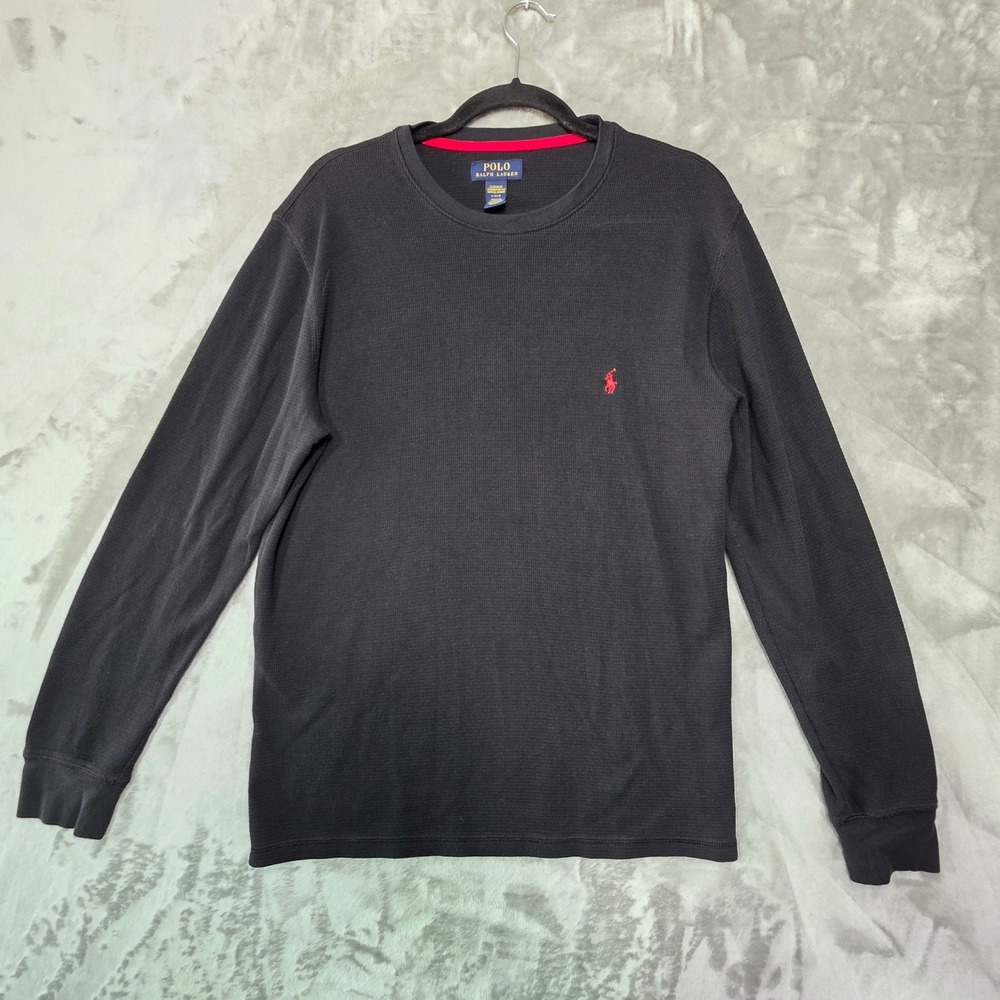 Polo Ralph Lauren Men Black Thermal Waffle Knit Long Sleeve Shirt Large Red Pony